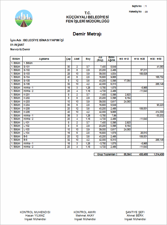 Teklif Birim Fiyat Yapım İşleri Örnek Hakediş Demir Metrajı Cetveli Raporu