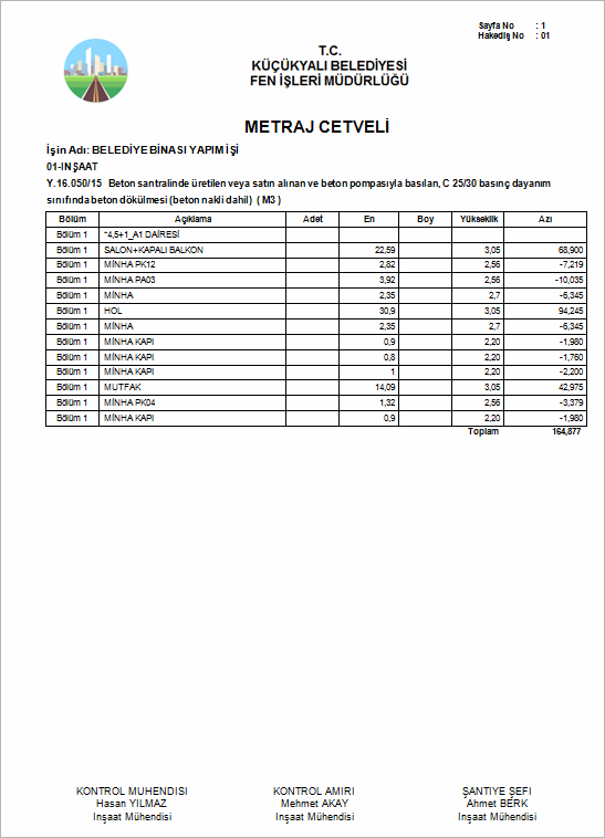 Teklif Birim Fiyat Yapım İşleri Örnek Hakediş Metraj Cetveli Raporu
