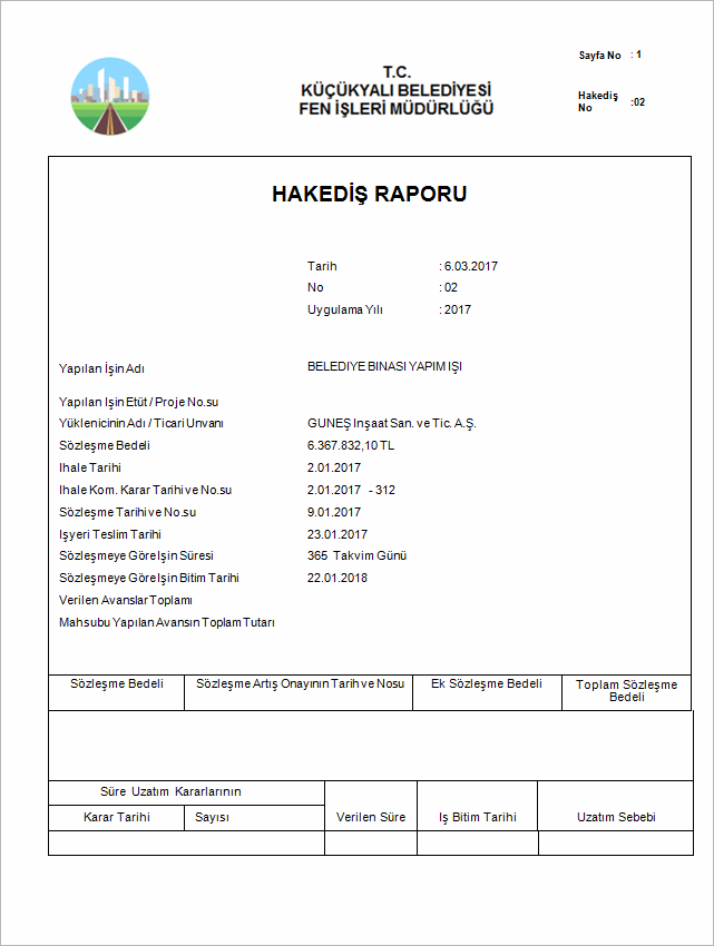 Teklif Birim Fiyat Yapım İşleri Örnek Hakediş Ön Kapağı Raporu