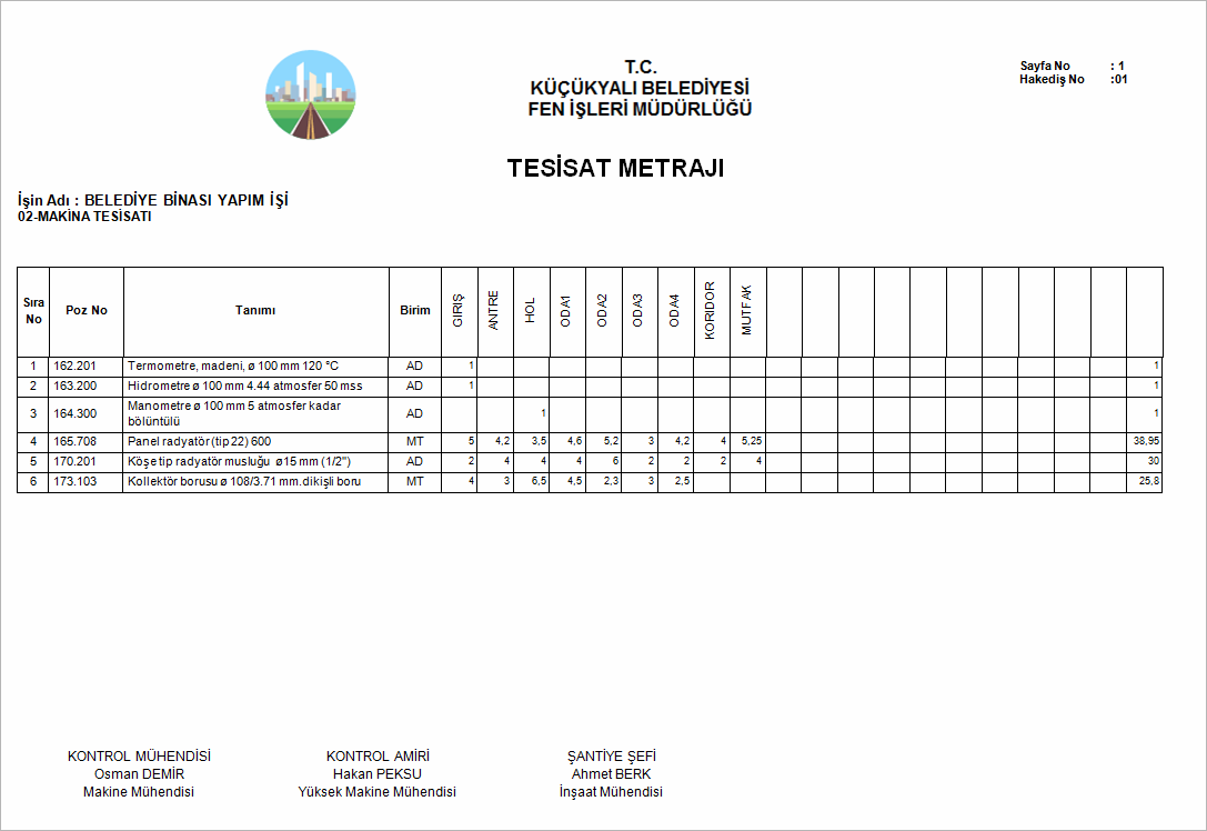 Teklif Birim Fiyat Yapım İşleri Örnek Hakediş Tesisat Metrajı Raporu