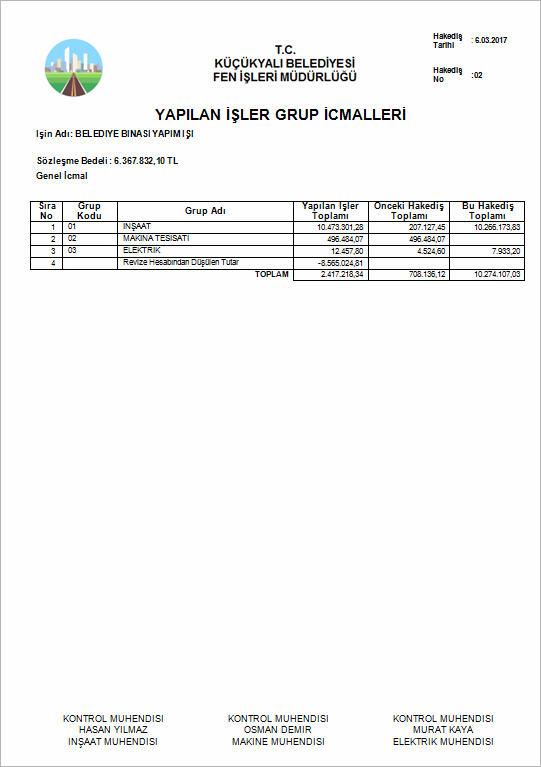 Teklif Birim Fiyat Yapım İşleri Örnek Hakediş İcmali Raporu