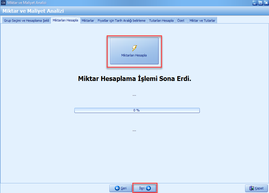 Miktar ve Maliyet Analizi - Miktar Hesaplama